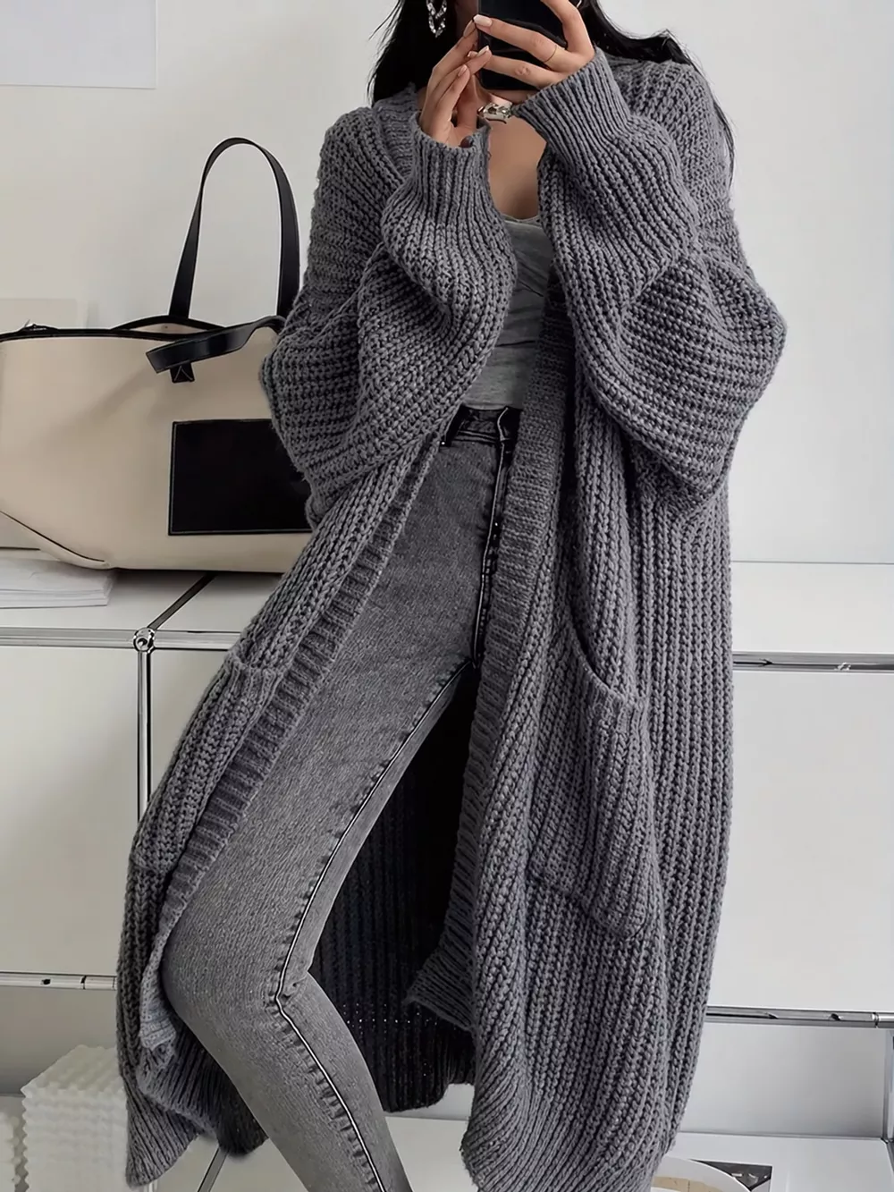 Full Size Chunky Knit Openwork Front Longline Cardigan Plus Size, image 5