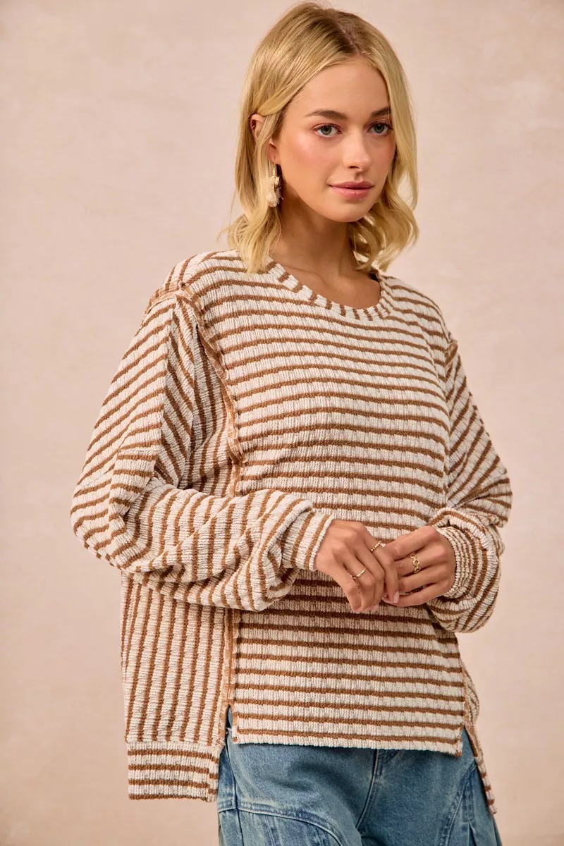Open Seam Detail Textured Stripe Knit Top, image 6