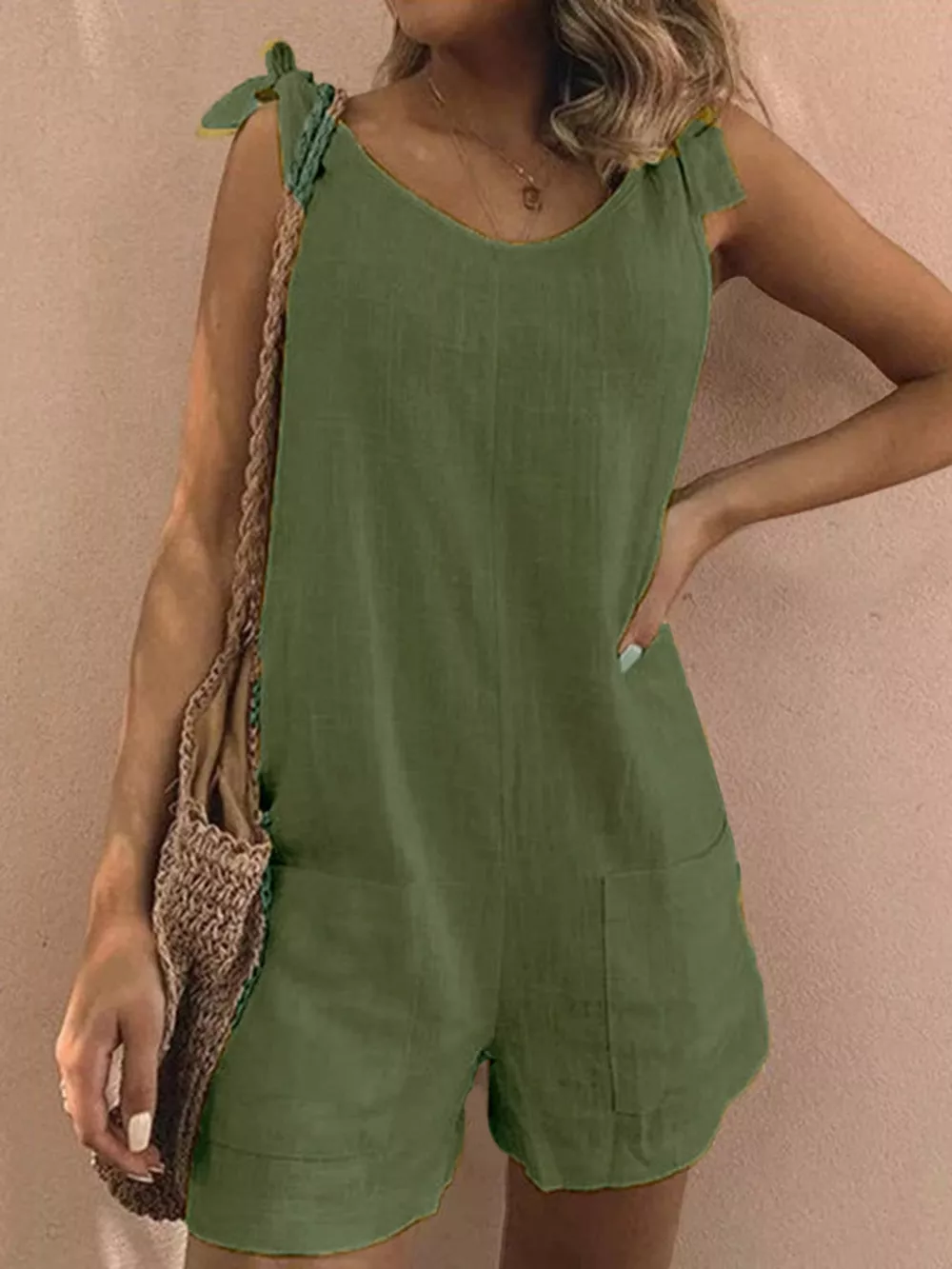 Full Size Tie-Shoulder Romper with Pockets Plus Size