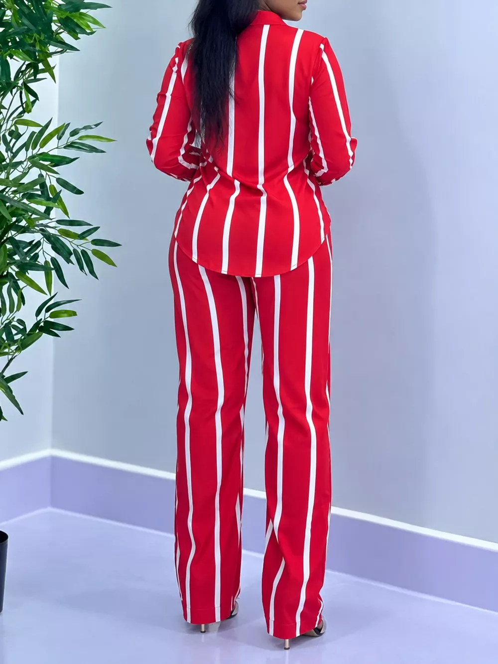 Striped Button-Down Shirt and Wide-Leg Pants Two-Piece Set, image 8