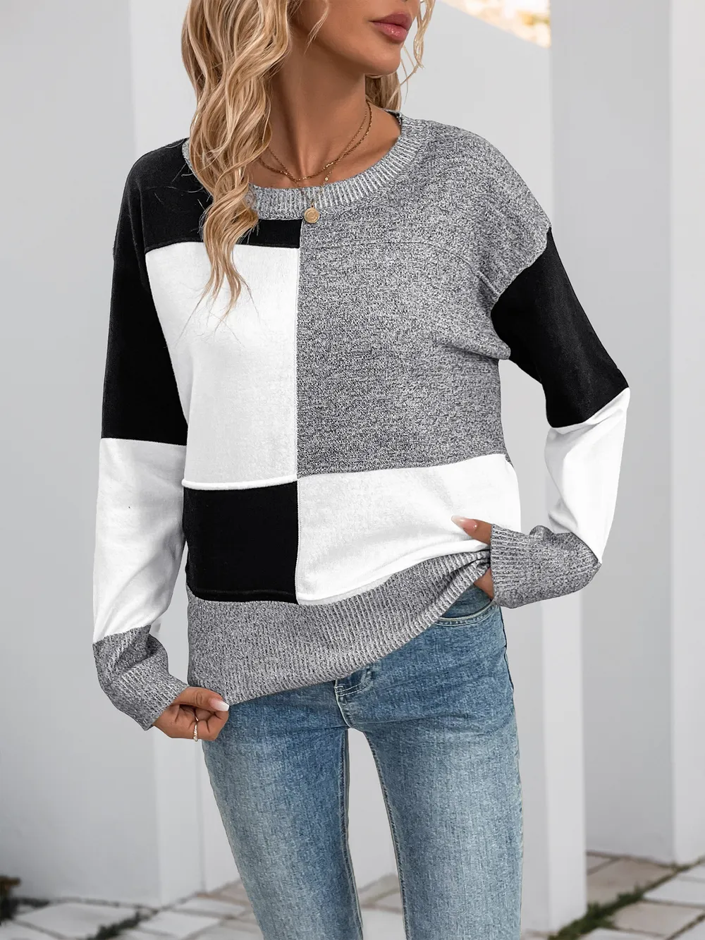 Color Block Knit Long Sleeve Sweater, image 3