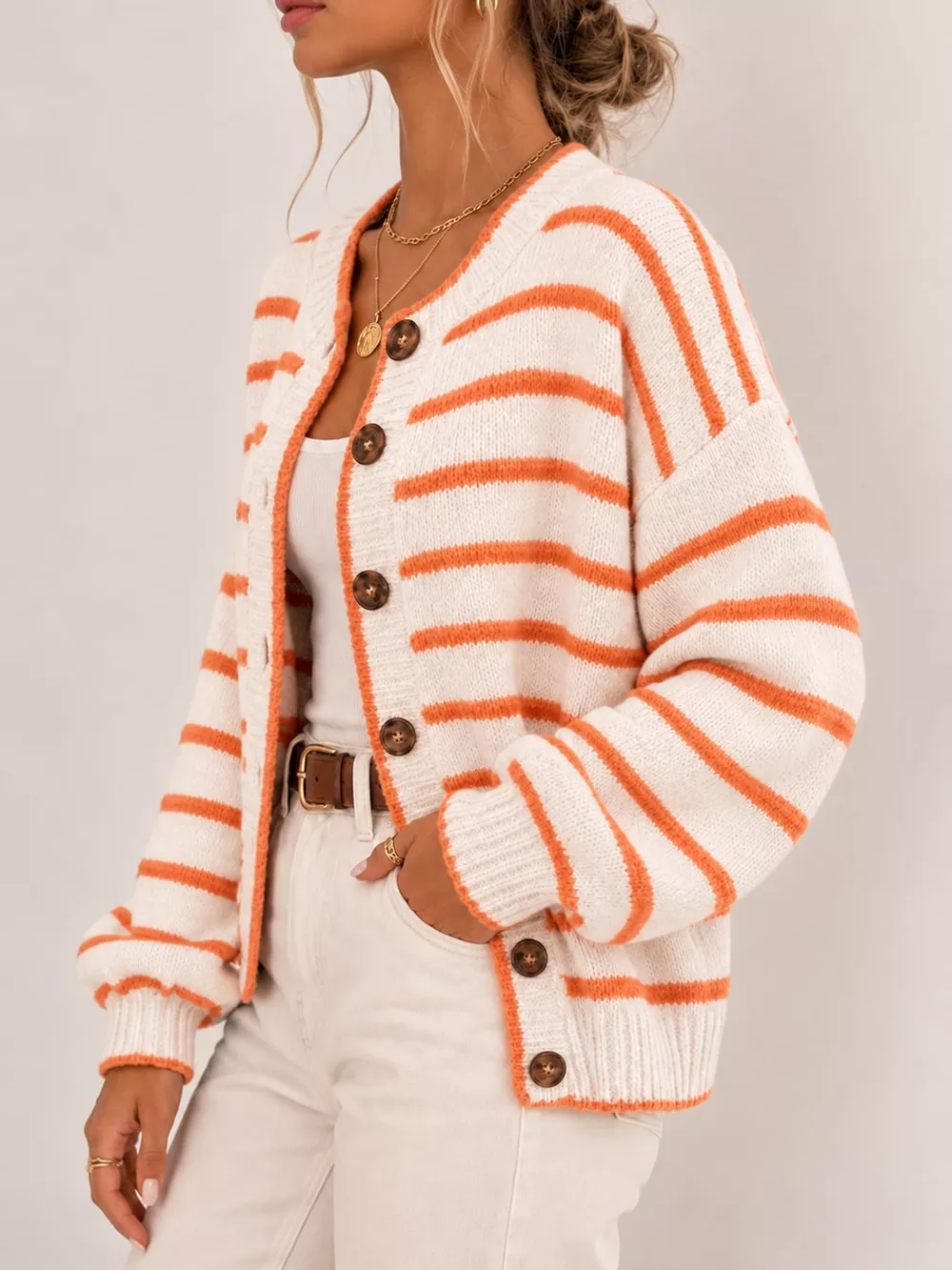 Striped Button-Down Knit Cardigan, image 13