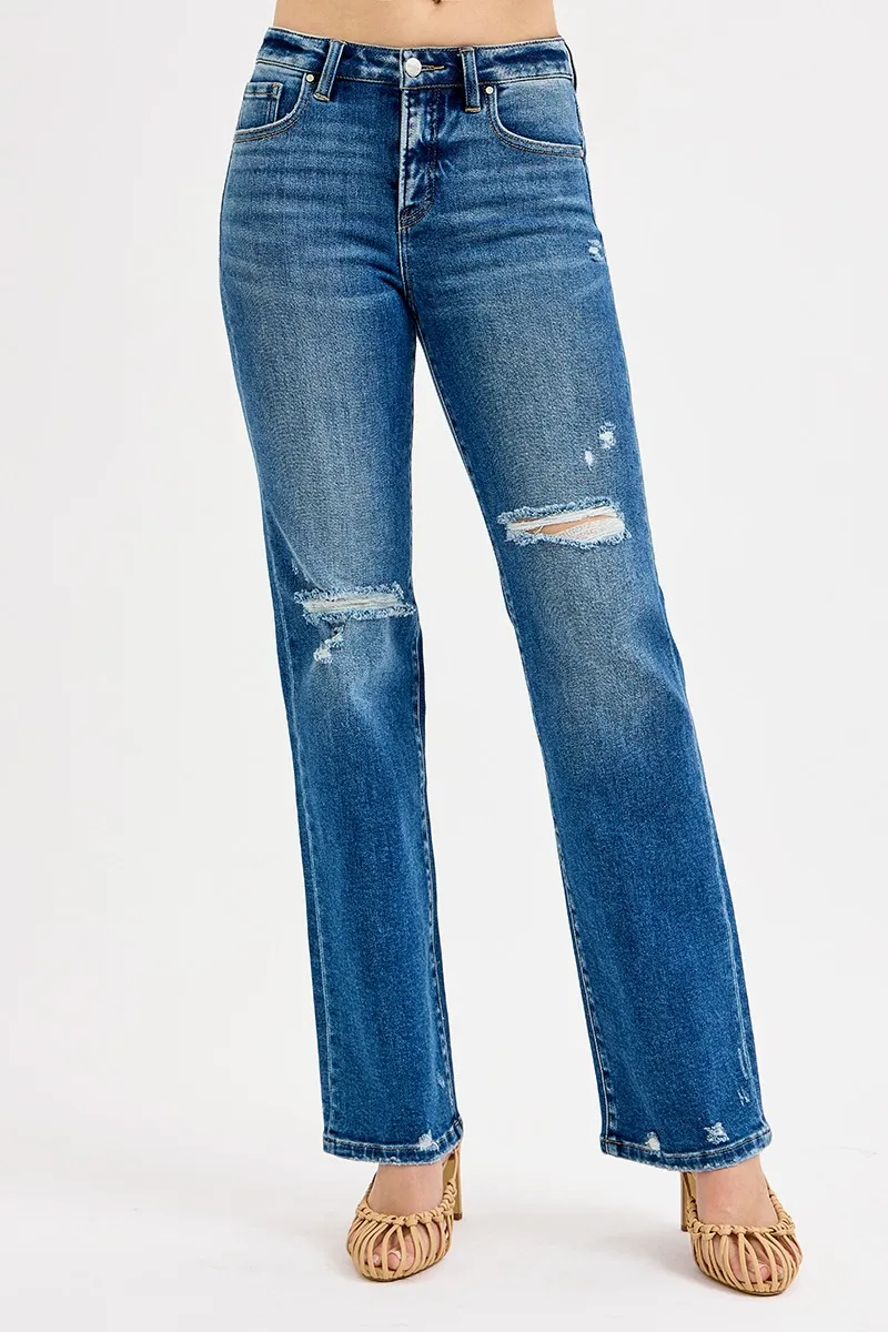 Full Size Tummy Control High Rise Straight Distressed Jeans Plus Size