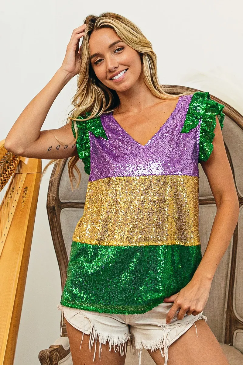 Mardi Gras Sequin Color Block Ruffled Top, image 5