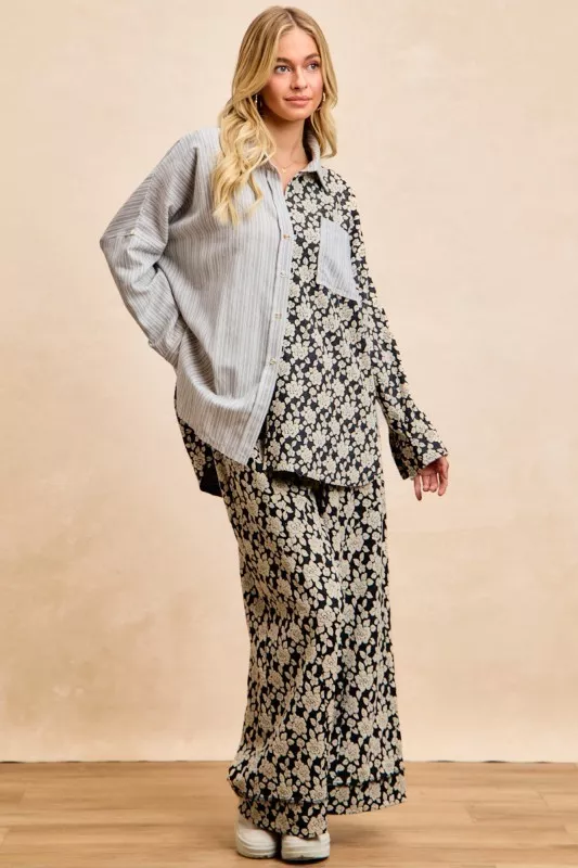 Stripes Jacquard Floral Mix And Match Shirt Top, image 4