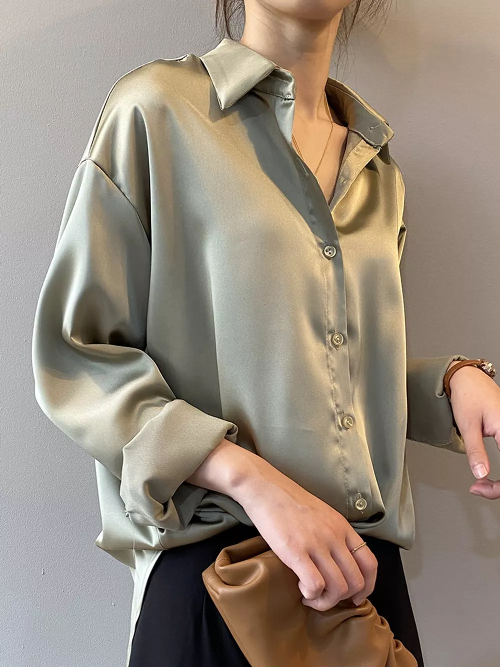 Satin Button-Down Long Sleeve Shirt, image 7