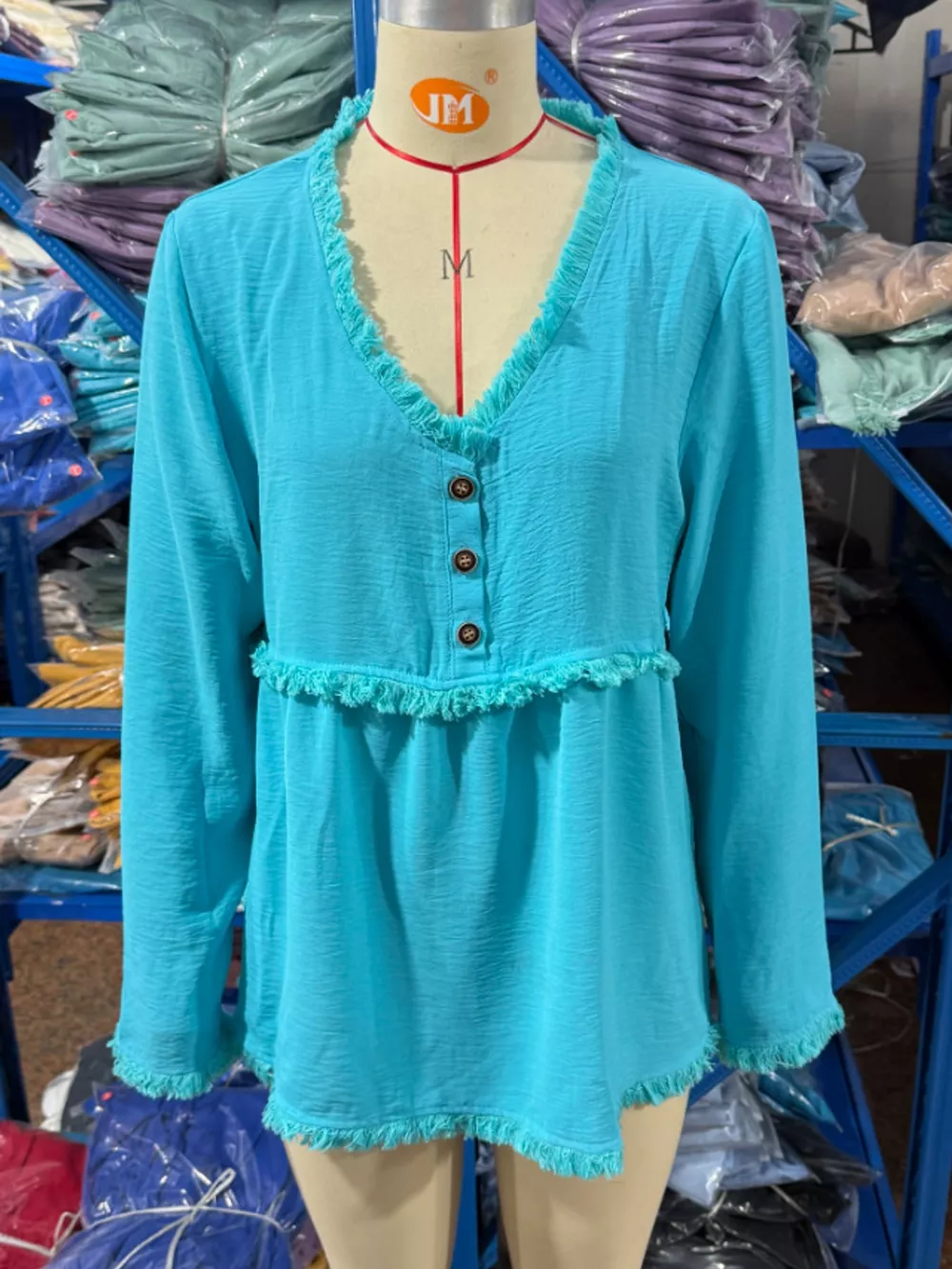 Full Size Fringed Trim V-Neck Long Sleeve Blouse Plus Size, image 2