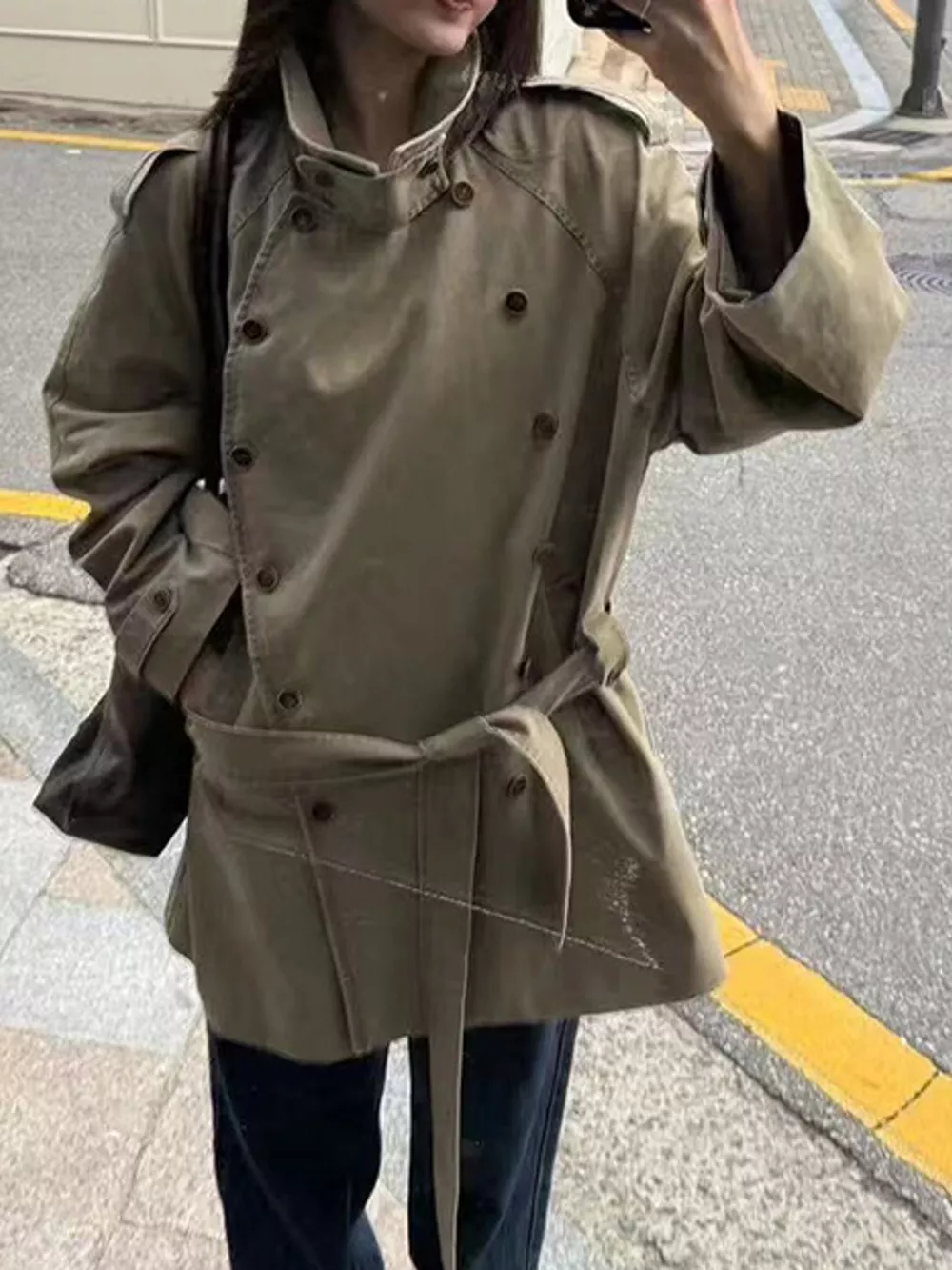 Vintage-Inspired Double-Breasted Belted Trench Outerwear