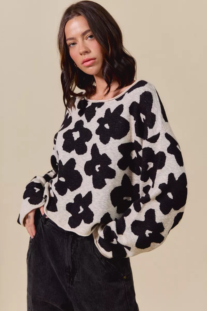 Loose Fit Flower Lightweight Sweater Top, image 3