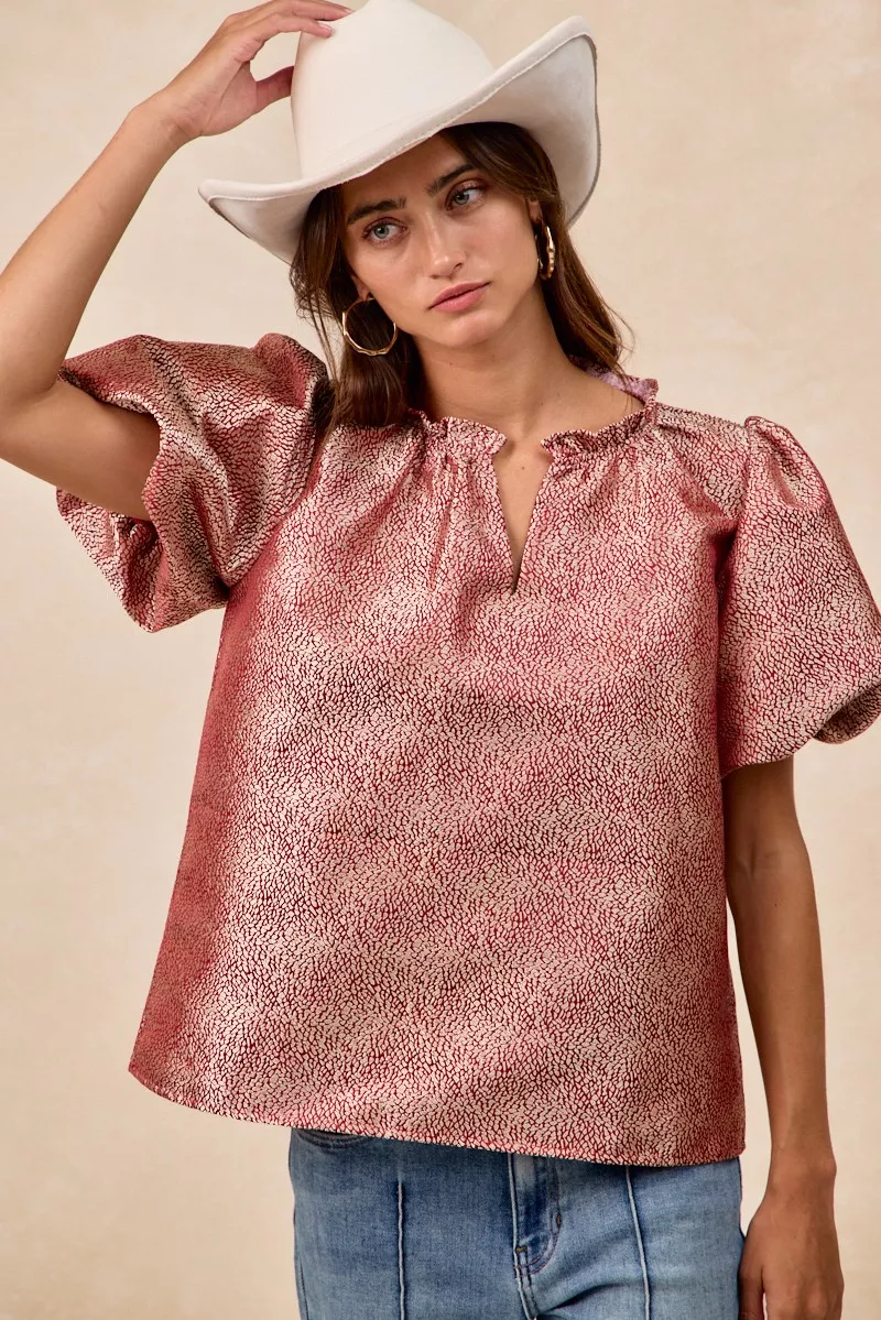 Jacquard Woven Short Balloon Sleeves V Neck Top, image 15