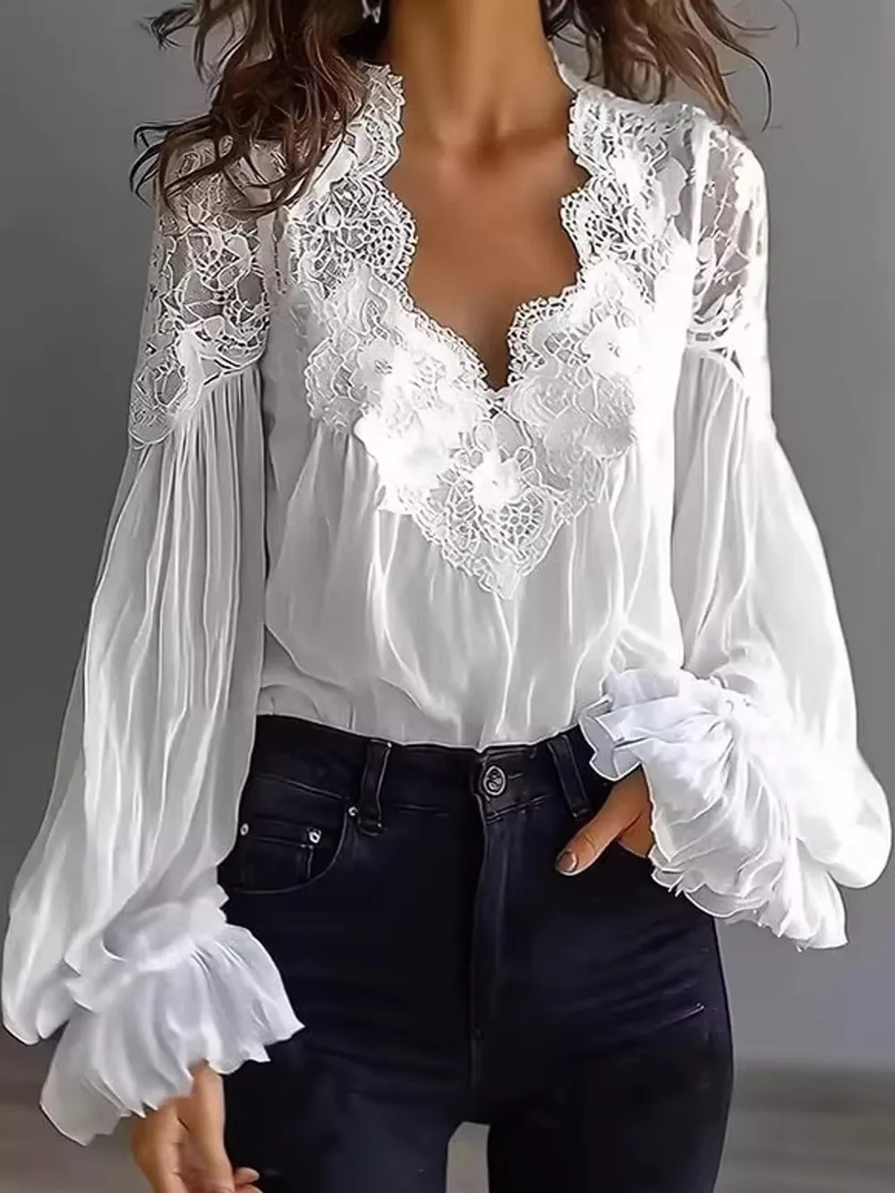 Full Size Lace V-Neck Flounce Sleeve Blouse Plus Size, image 4