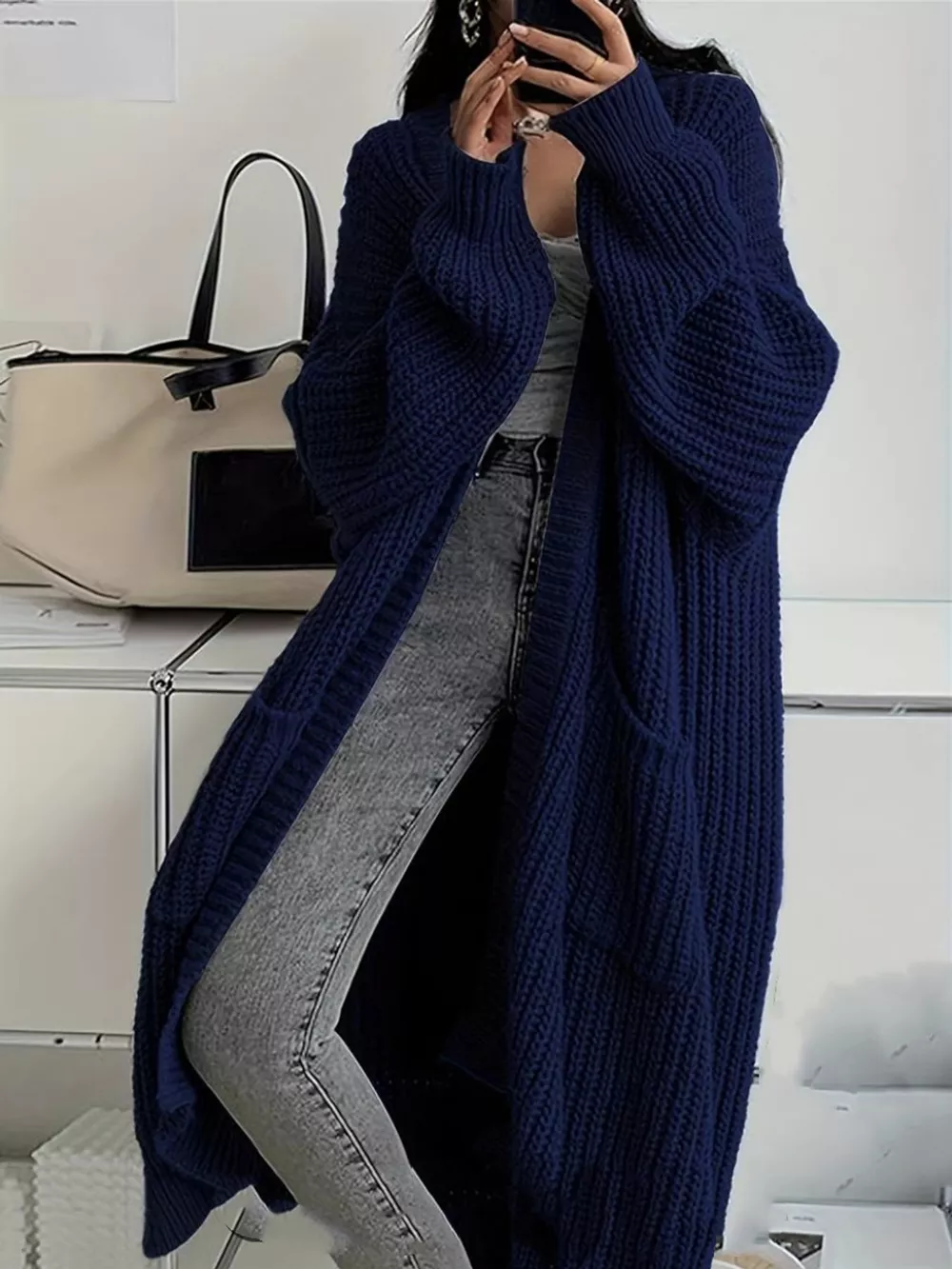 Full Size Chunky Knit Openwork Front Longline Cardigan Plus Size, image 28