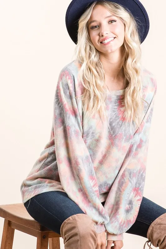 Brushed Tie Dye Print Top with Puff Sleeves, image 3