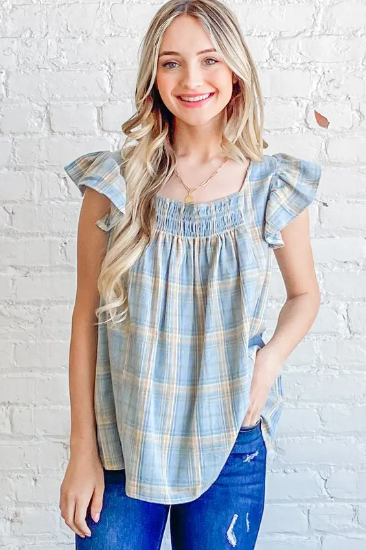 Plaid Print Smocked Detail Ruffle Baby Doll Top