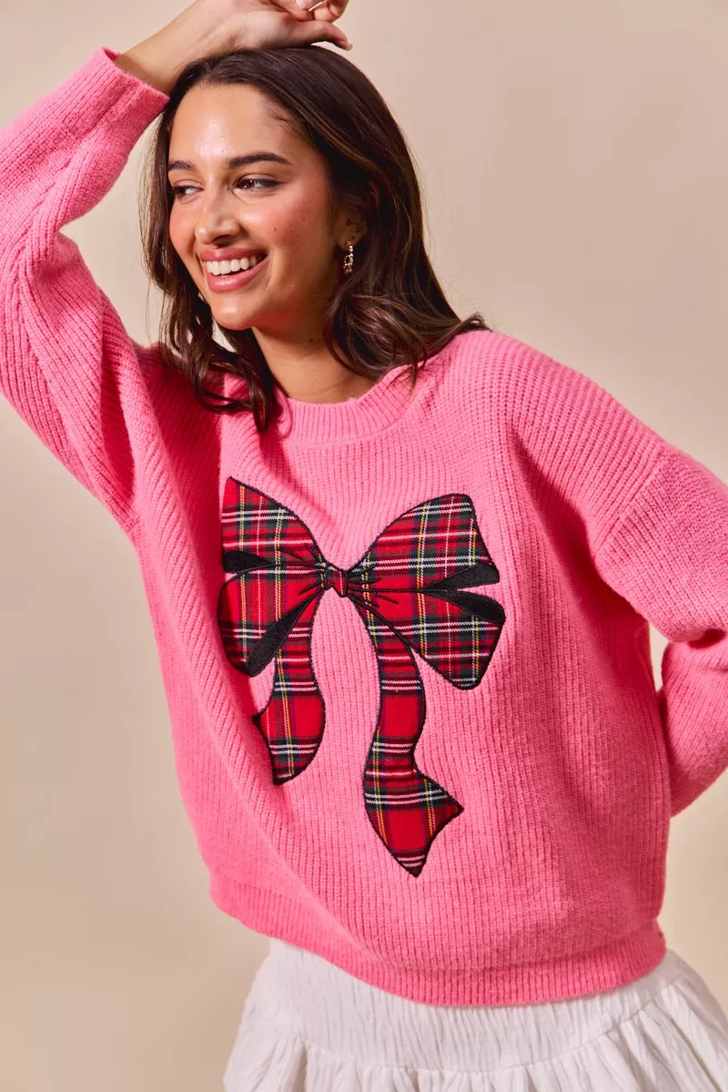 Checker Plaid Ribbon Christmas Holiday Sweater, image 6