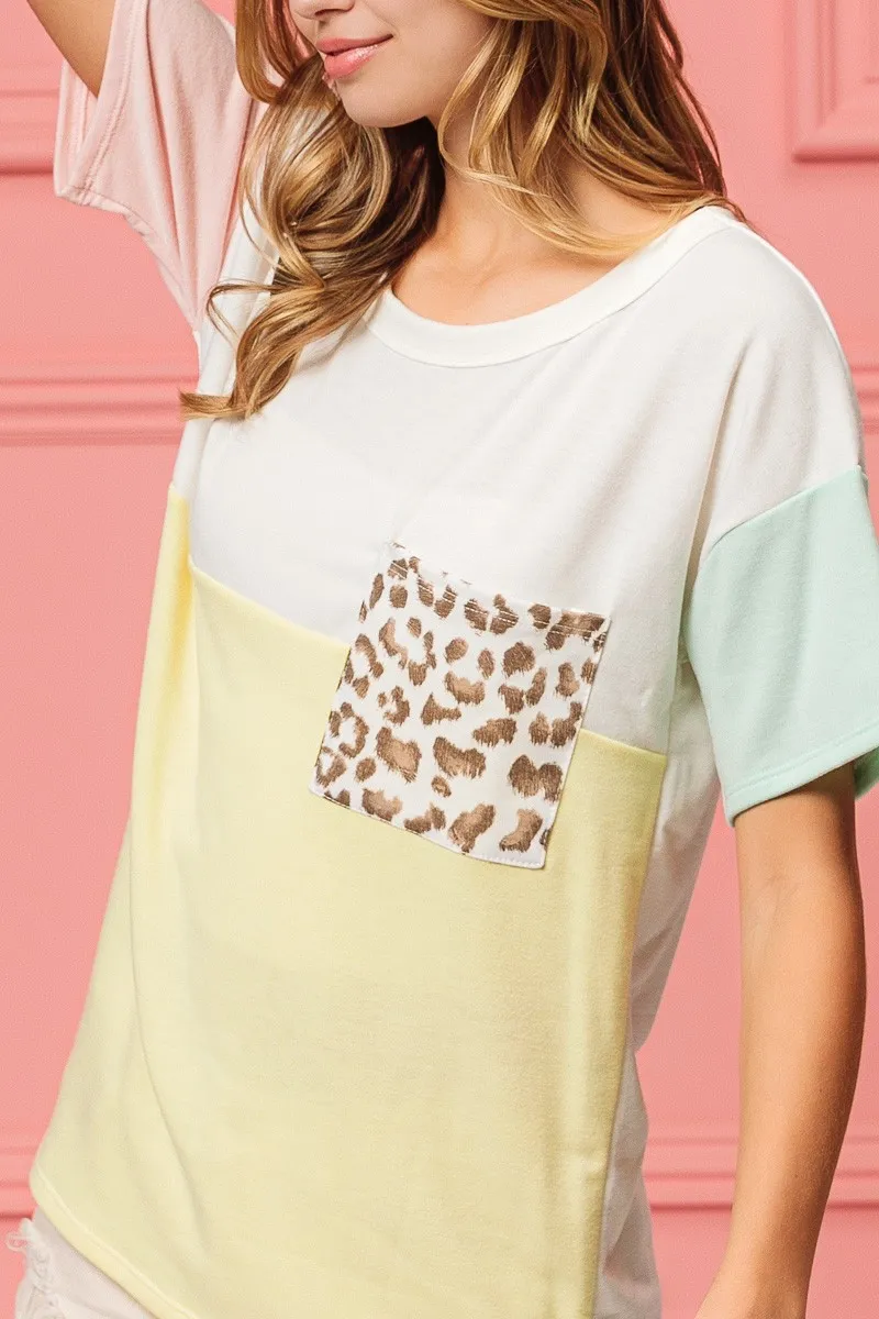 BiBi Leopard Front Pocket Ft Color Block Crew Neck Top, image 3