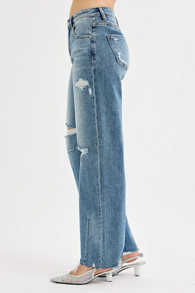 Full Size Mid Rise Fit Wide Baggy Leg Tie Washed Jeans Plus Size, image 3