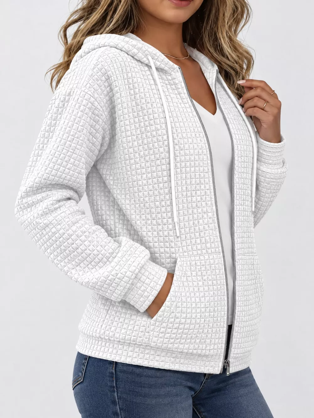 Waffle Knit Zip-Up Hoodie with Drawstring and Pockets, image 7