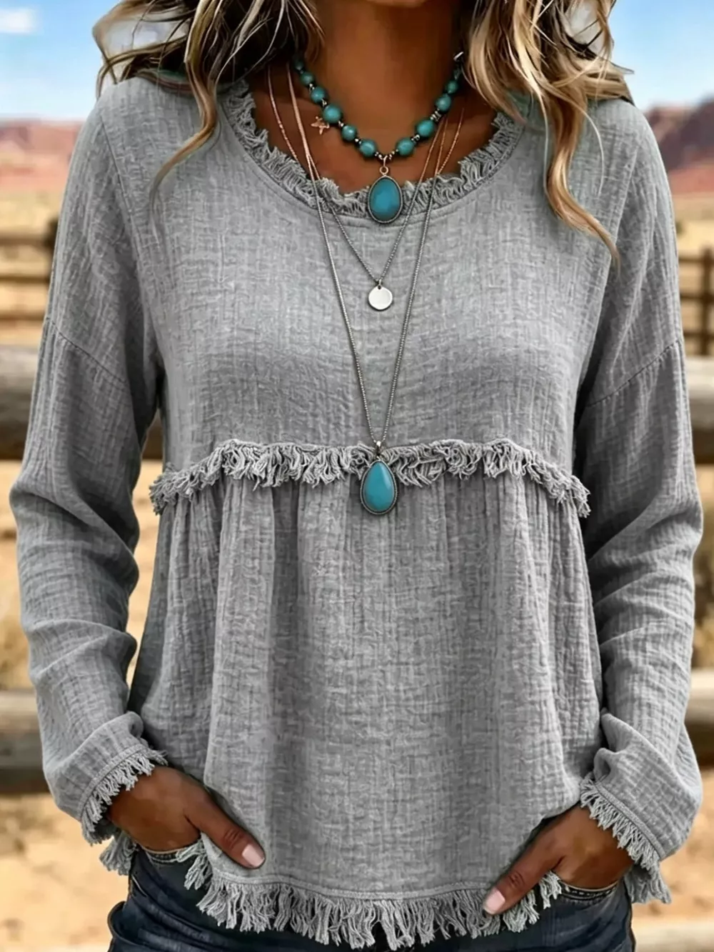 Full Size Frayed Hem Textured Blouse Plus Size