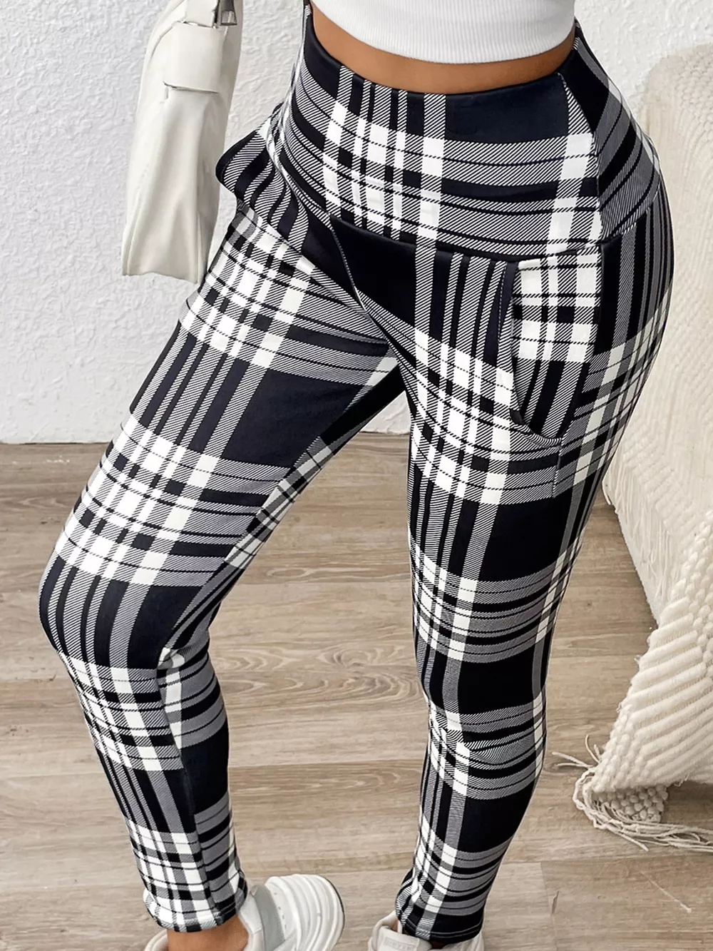 High-Waisted Plaid Slim-Fit Leggings, image 2