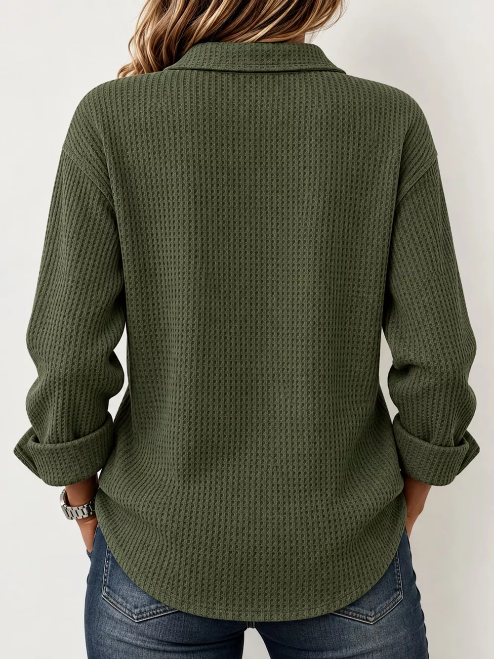 Full Size Waffle Knit Long Sleeve Polo Top Plus Size, image 29