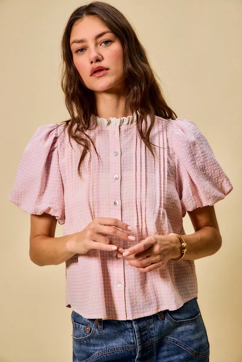 Gingham Lace Trim Button Bubble Sleeves Blouse