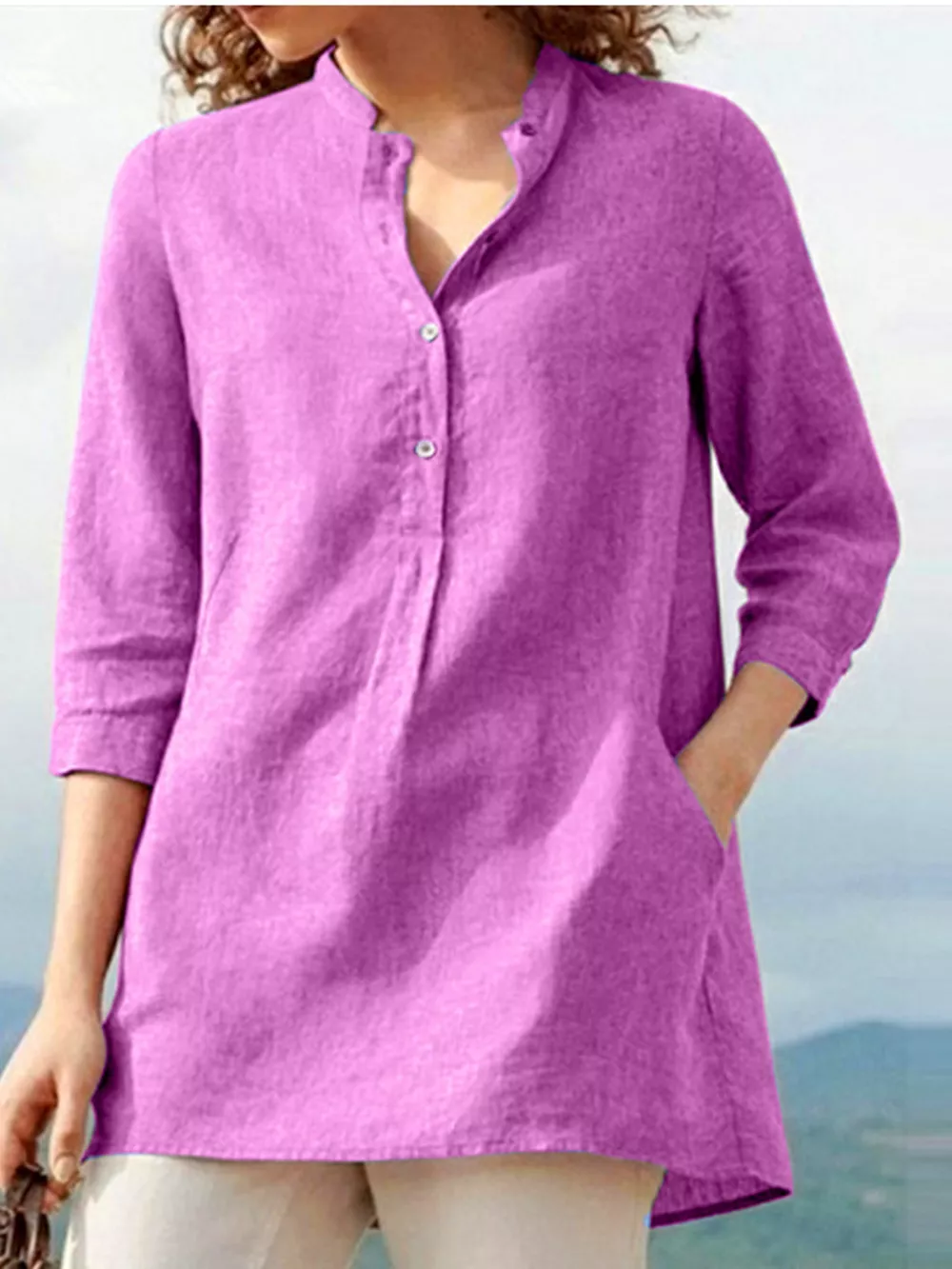 Full Size Button Detail 3/4 Sleeve Blouse Plus Size, image 25