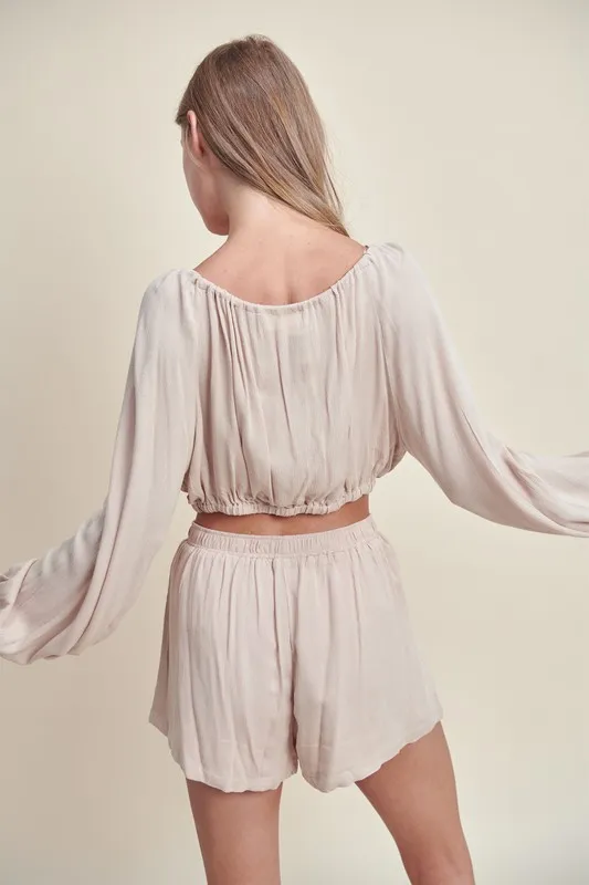 Gauze Long Sleeve Button Crop Top and Short Set, image 3