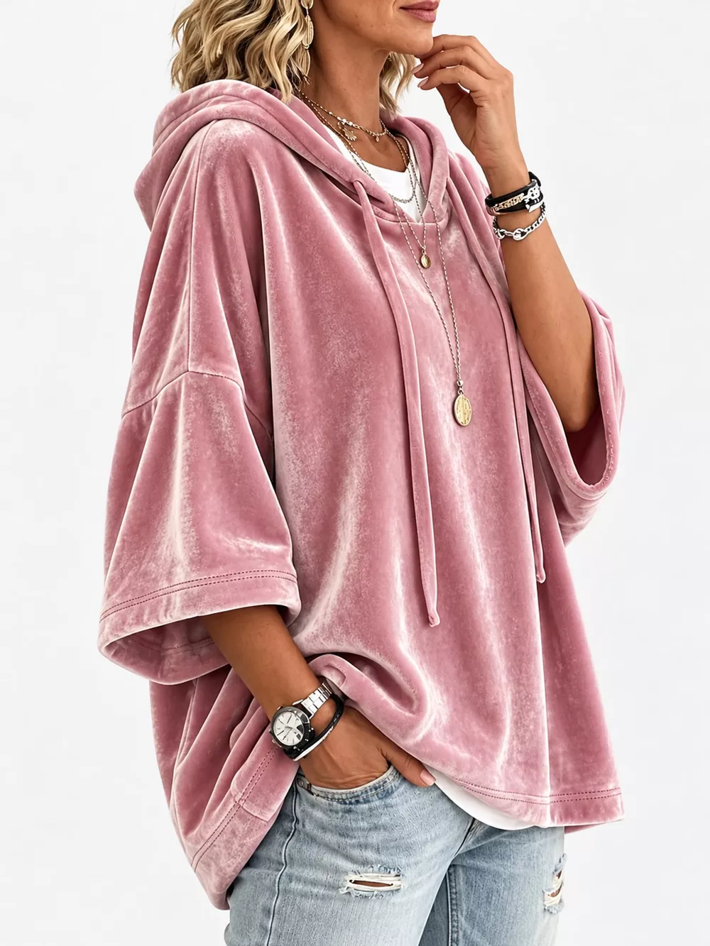 Full Size Velvet Half Sleeve Hoodie with Drawstring Plus Size, image 17