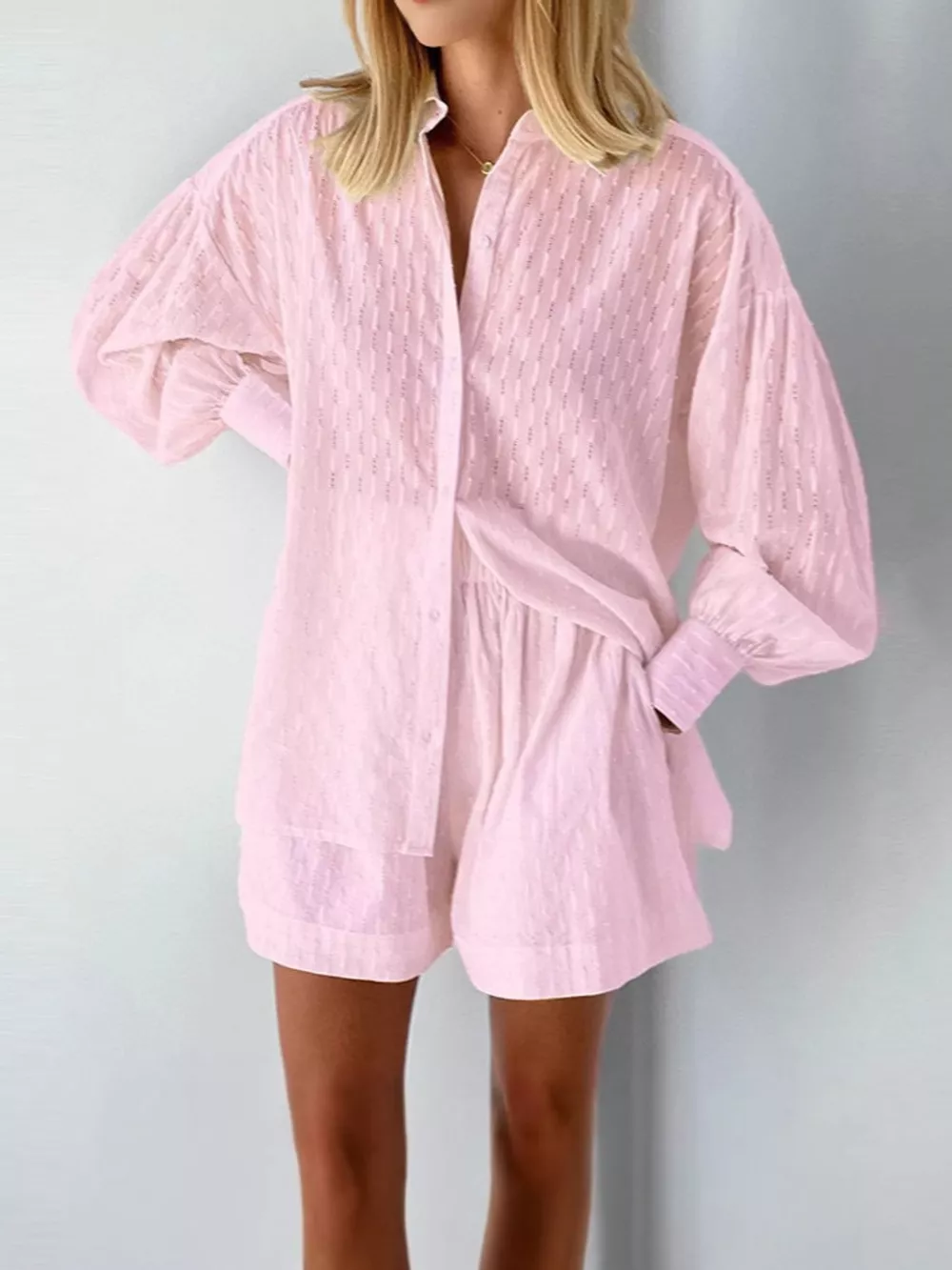 Textured Button-Down Shirt and Shorts Set, image 3