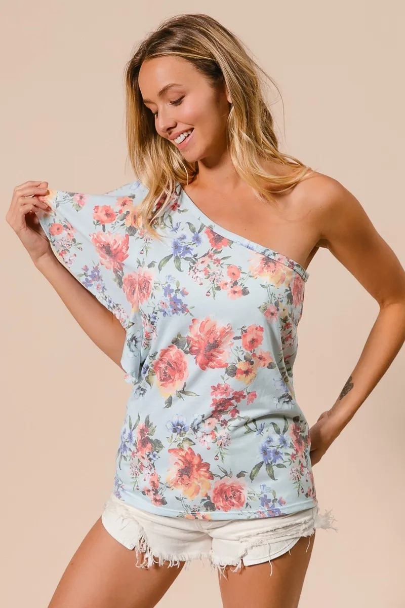 Floral Printed Jersey Knit Ruffle Sleeve Top
