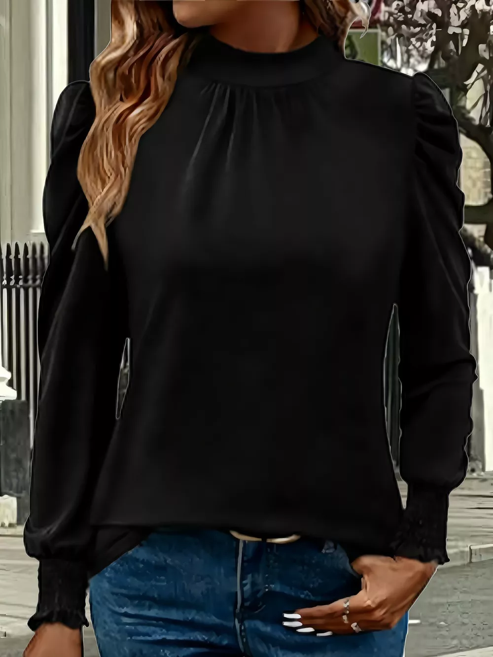 Mock Neck Puff Sleeve Blouse