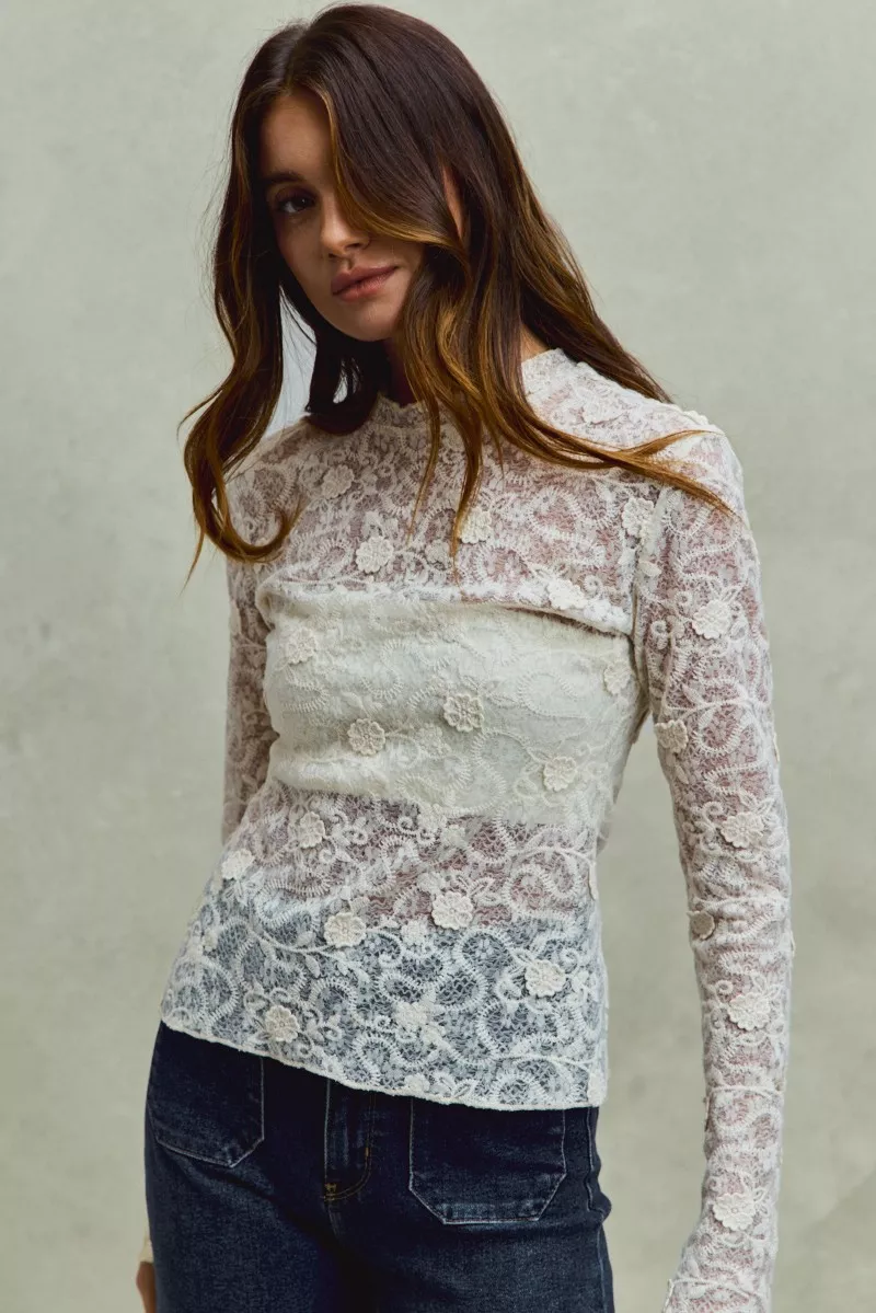 Lace Long Sleeve 3d Effect Floral Layering Top, image 8