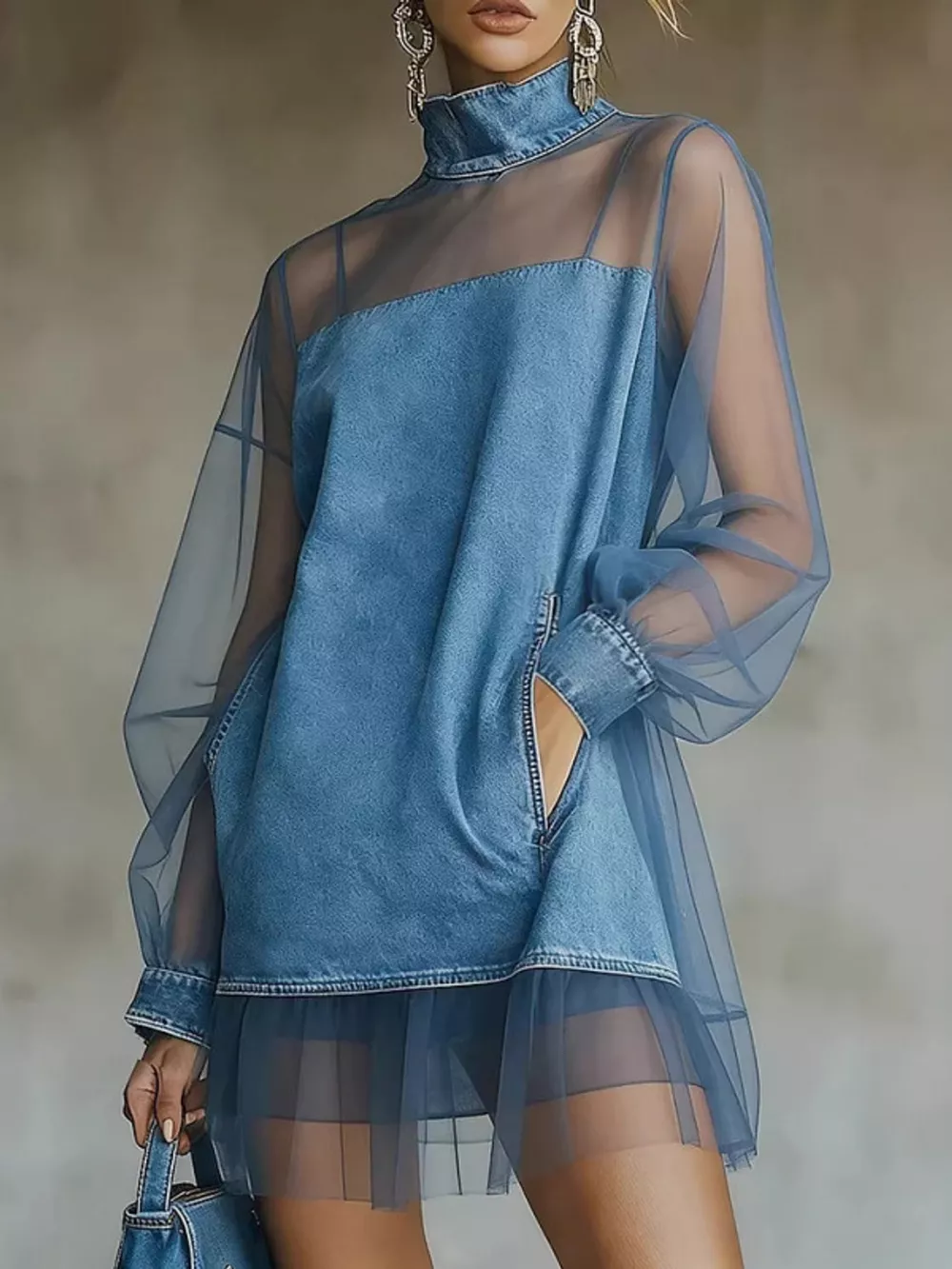 Full Size Mock Neck Sheer Mesh Patchwork Denim Dress Plus Size