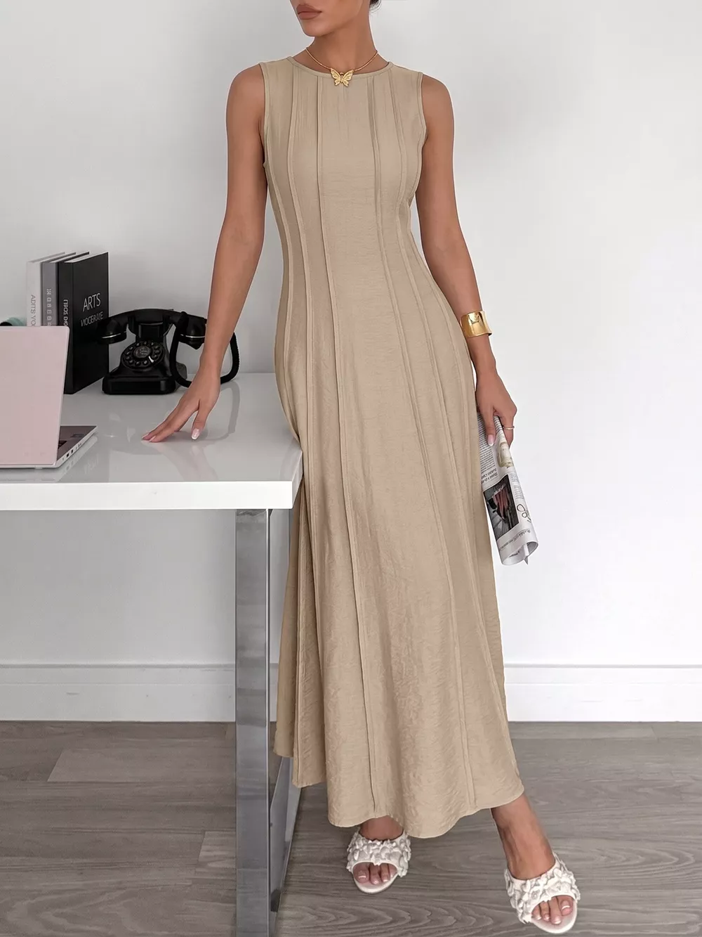 Round Neck Sleeveless Texture Maxi Dress
