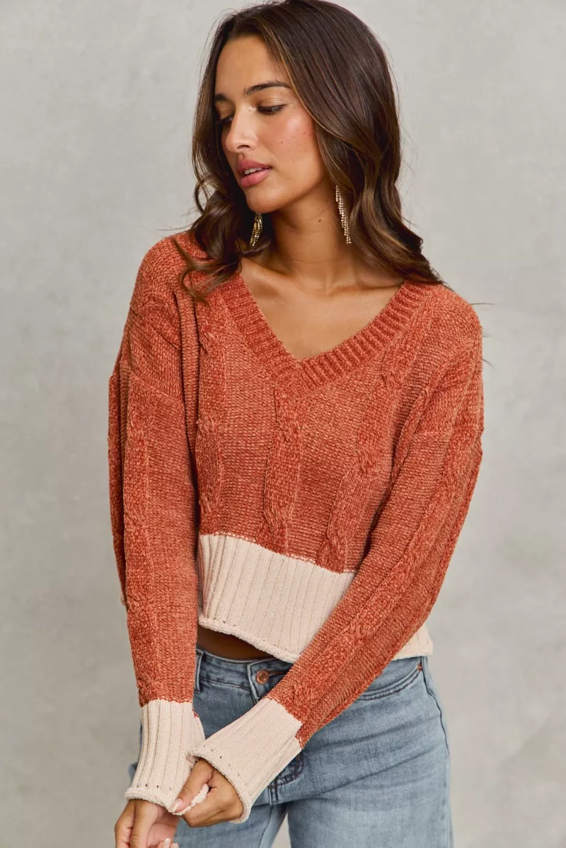 Chenille Cable Knit V Neck Contrast Cropped Sweater
