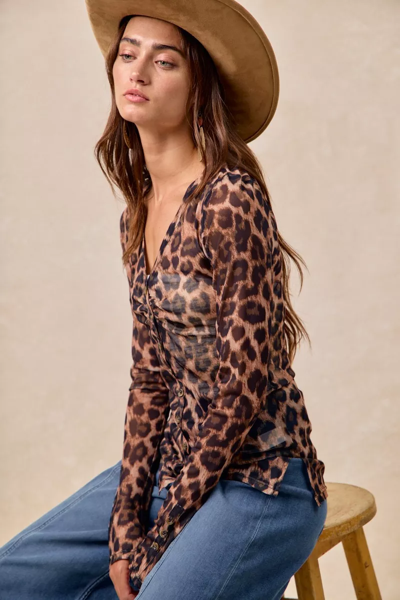Leopard Printed Mesh Shirt With Button Up V Neck, image 10