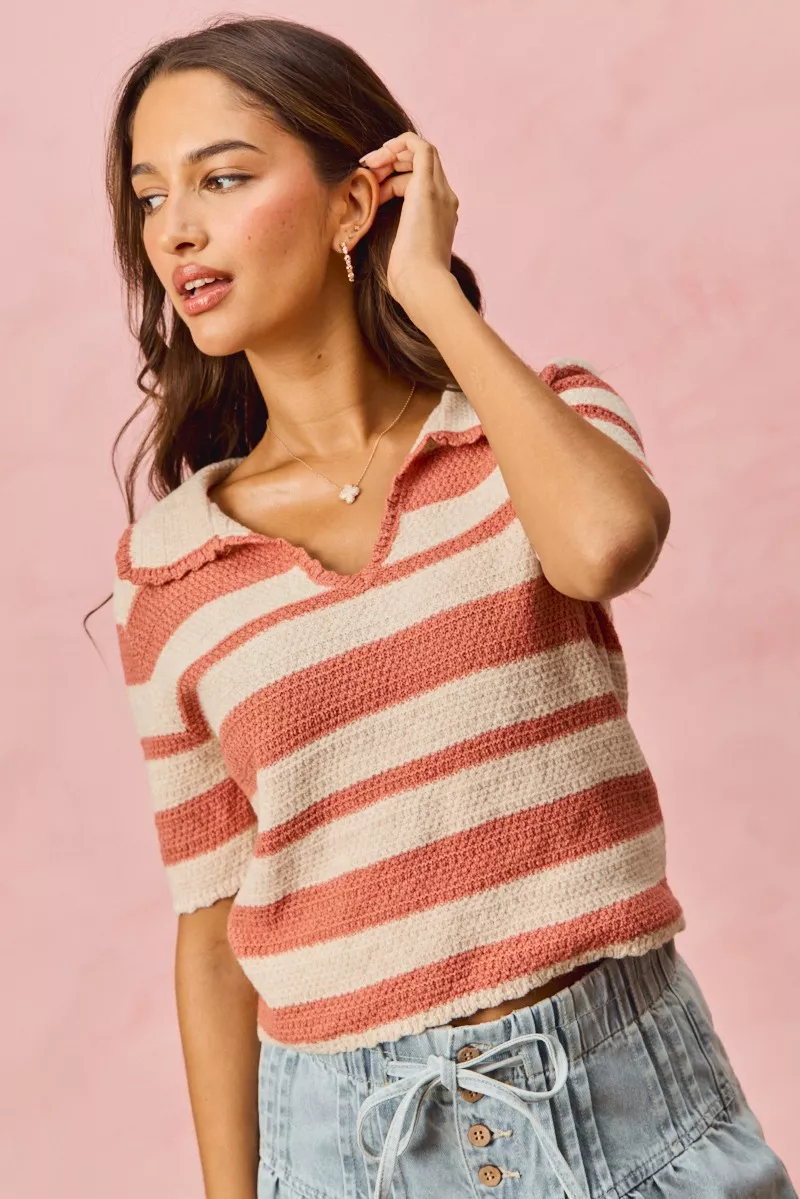 Stripe Short Sleeve Cropped Sweater