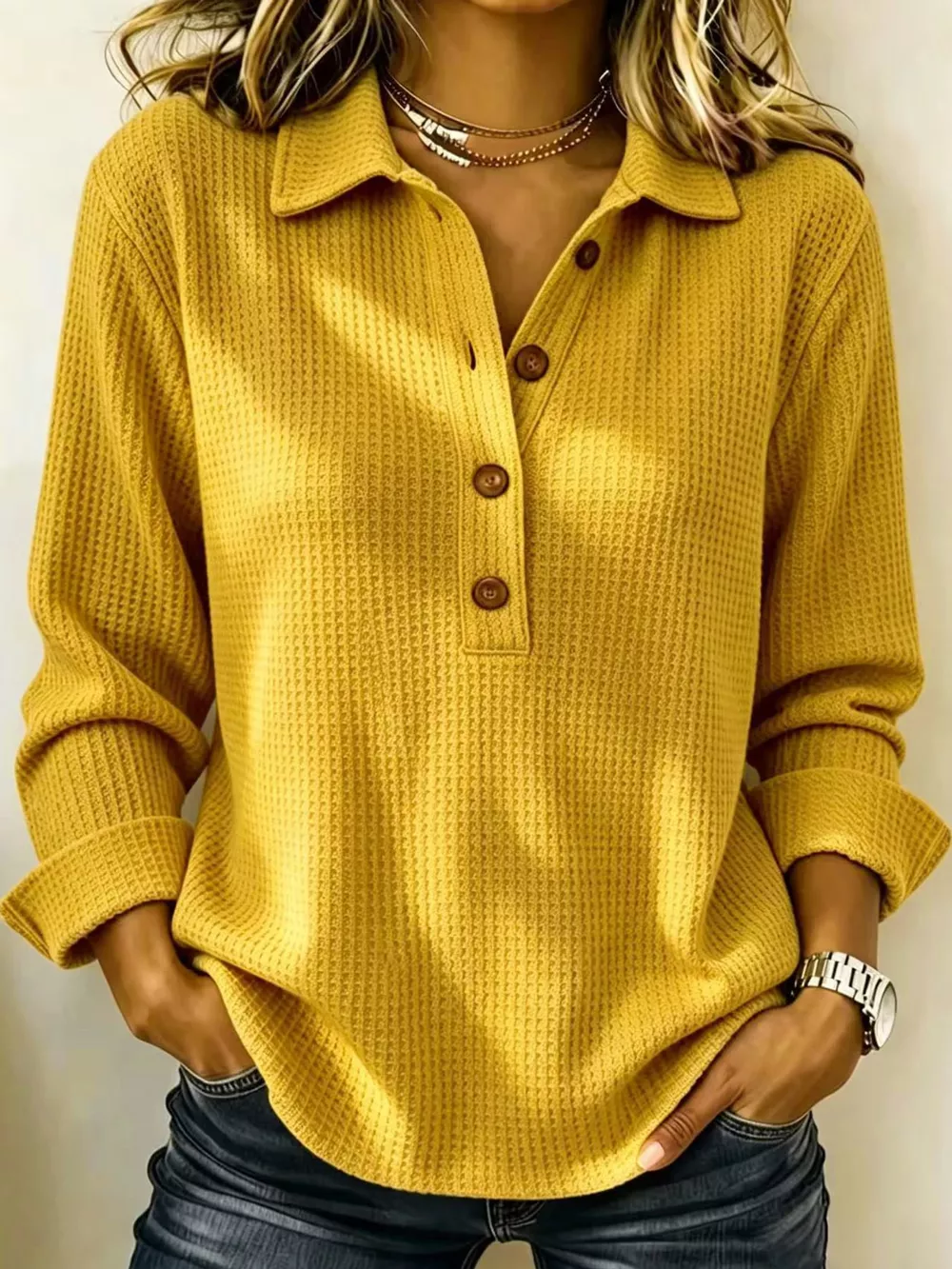 Full Size Waffle Knit Long Sleeve Polo Top Plus Size, image 31