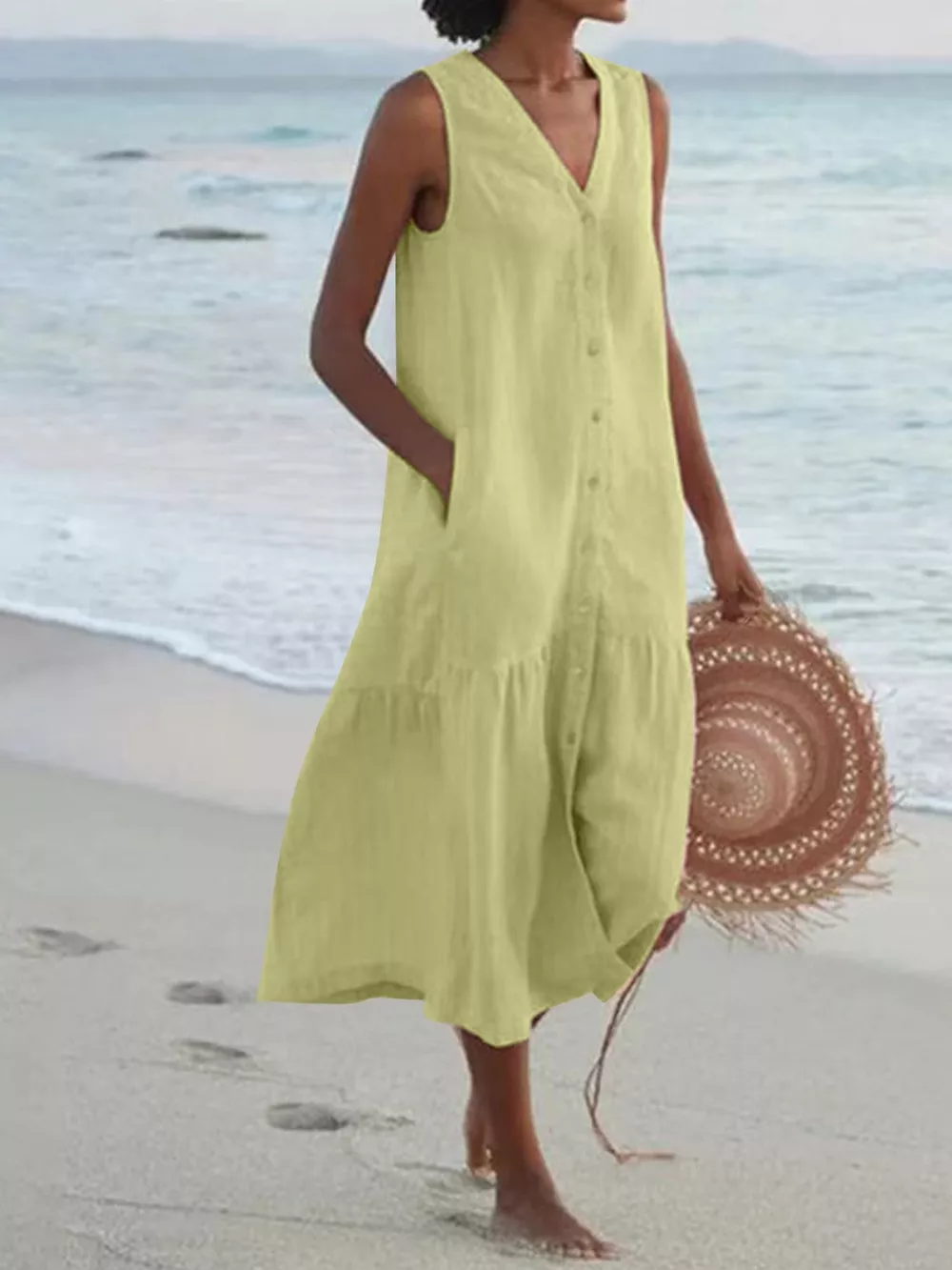 Full Size V-Neck Button Front Sleeveless Midi Dress Plus Size, image 16