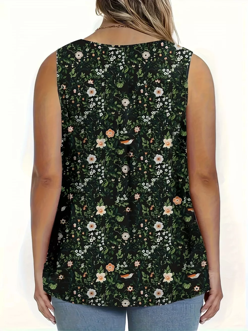 Full Size Floral Print Button Detail Tank Plus Size, image 5