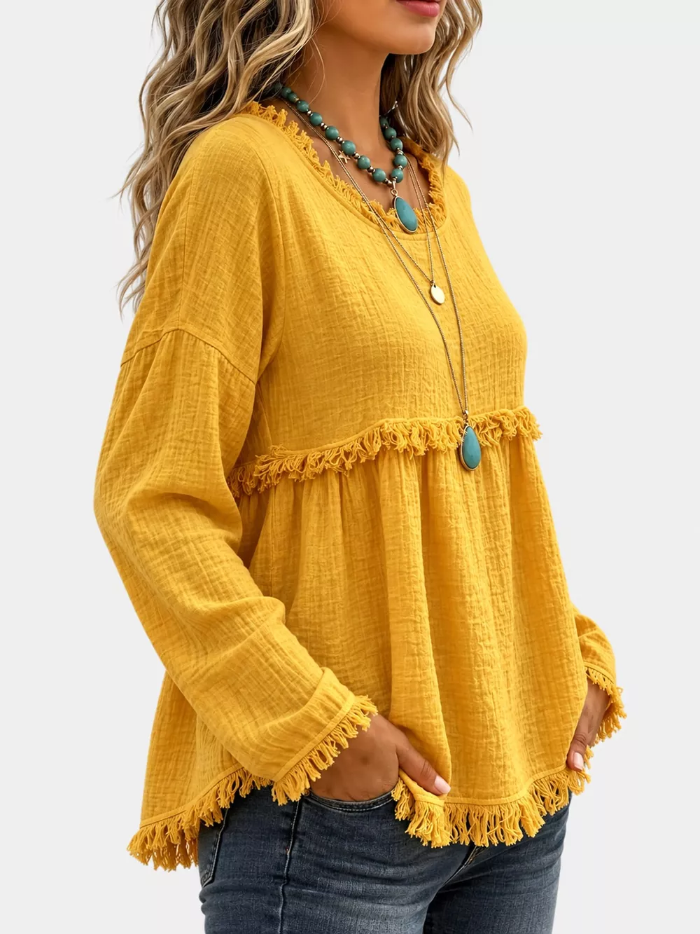 Full Size Frayed Hem Textured Blouse Plus Size, image 19