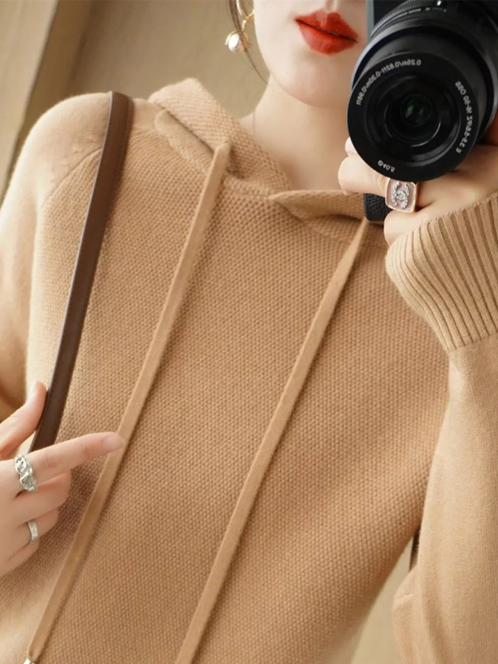 Drawstring Long Sleeve Hooded Knit Sweater, image 11