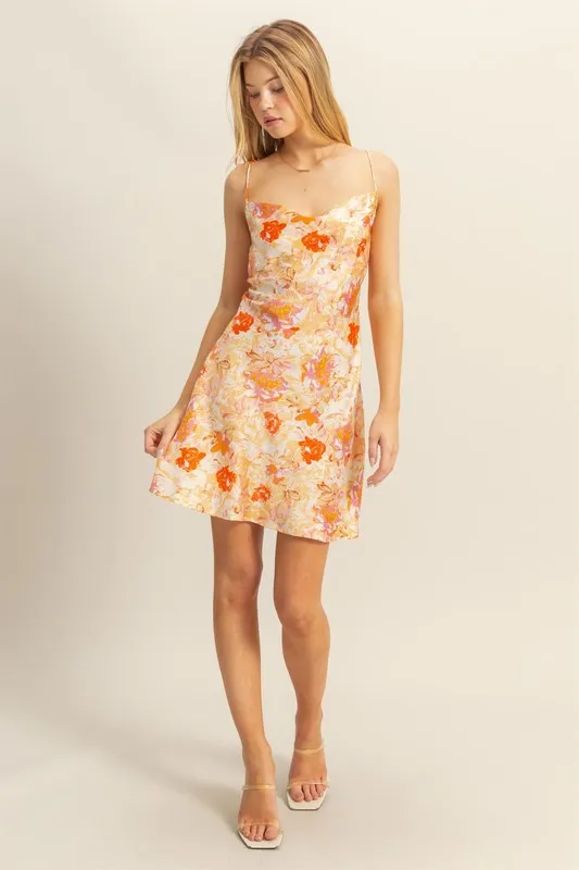 Floral Cowl Neck Flirty Satin Mini Dress, image 4