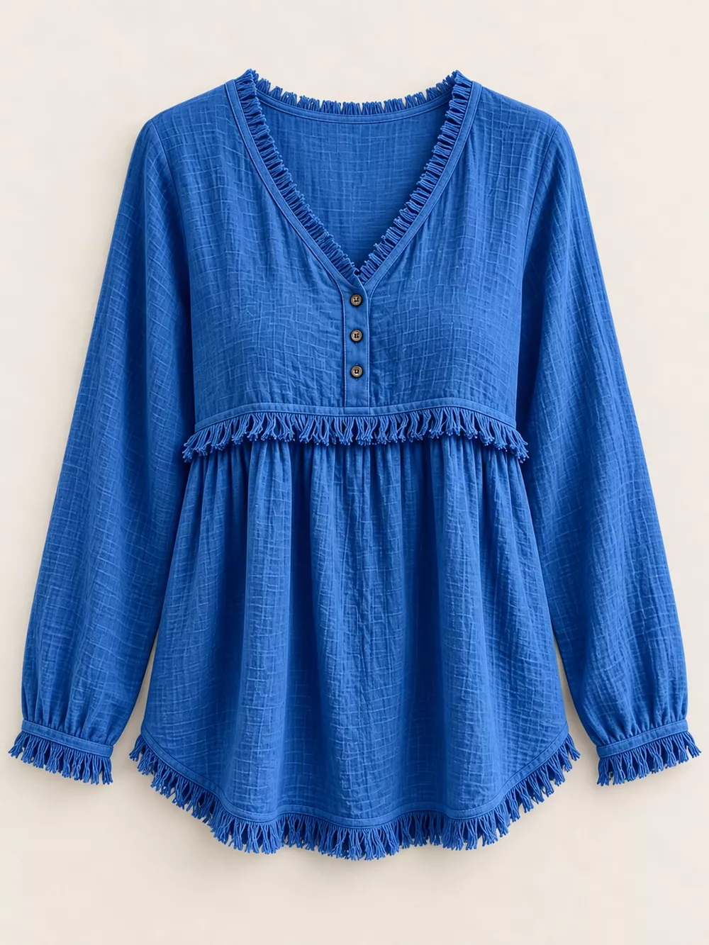 Full Size Fringed Trim V-Neck Long Sleeve Blouse Plus Size, image 57