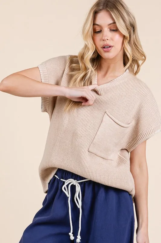 Solid Cap Sleeve Stitch Edge Knit Sweater, image 8