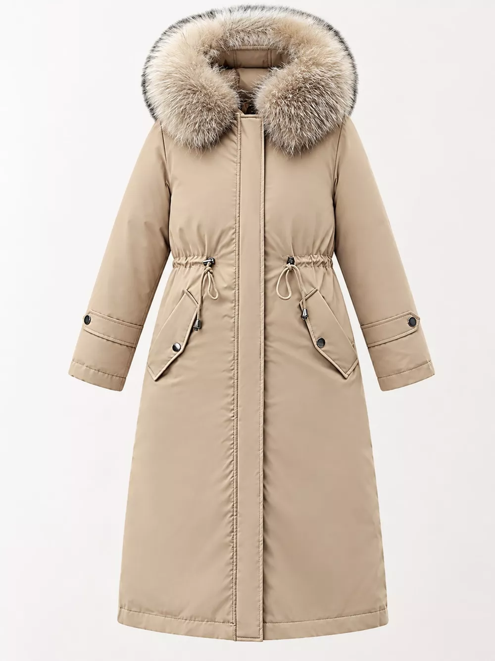 Plus Size Detachable Longline Hooded Parka with Faux Fur Trim and Drawstring Waist