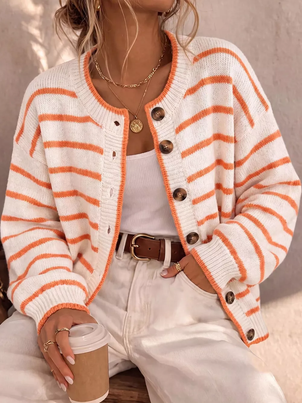 Striped Button-Down Knit Cardigan, image 12