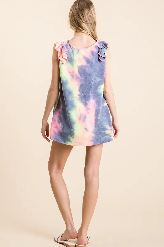Tie Dye French Terry V Neck Top with Ruffle, image 2