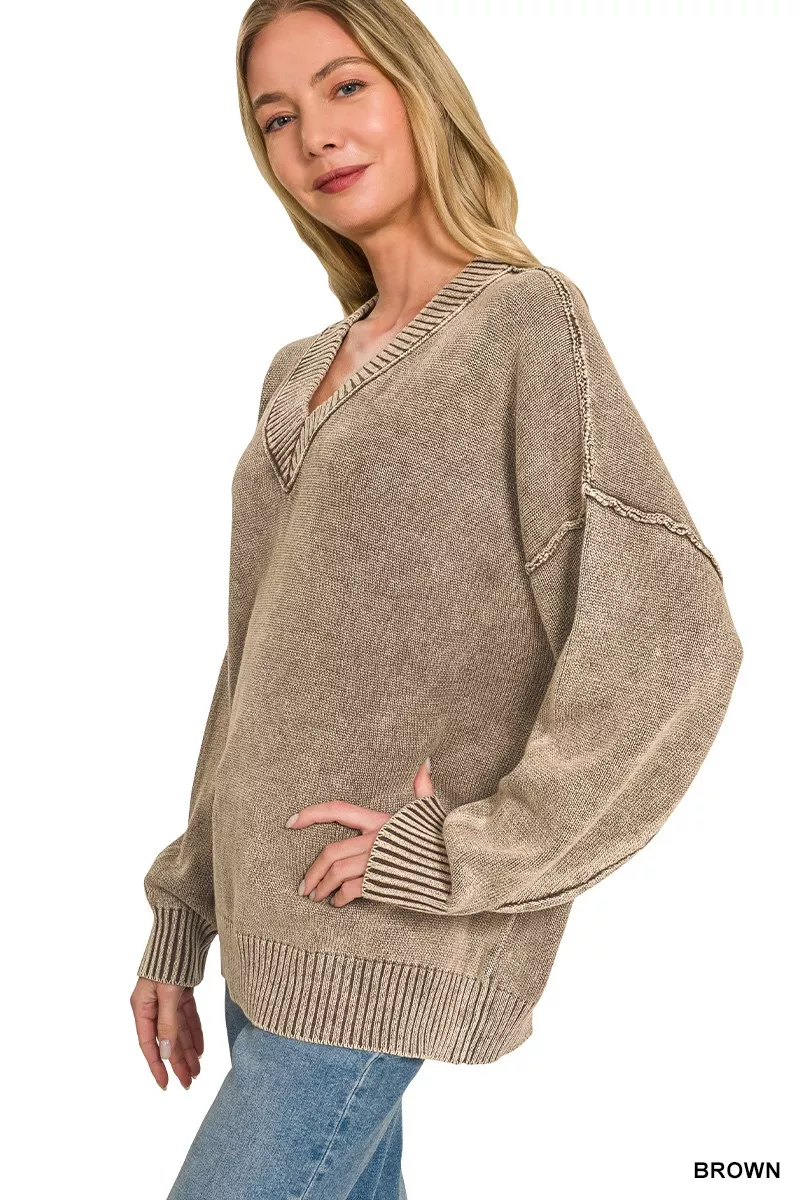 Zenana Washed Deep V-neck Oversized Sweater, image 2